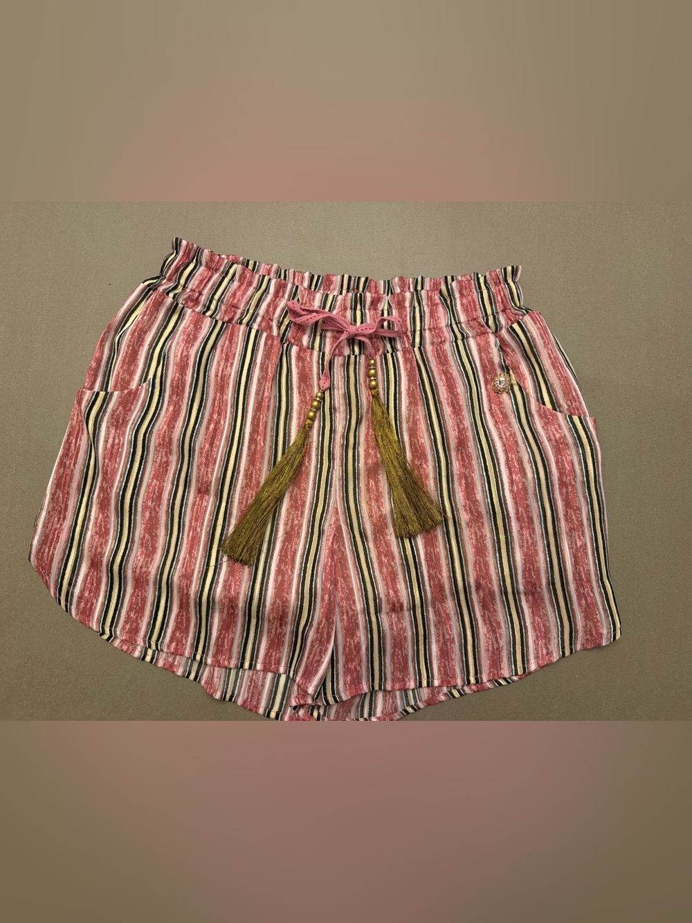 Aratta Women’s Striped Boho High Rise Drawstring Shorts Tassel Beaded